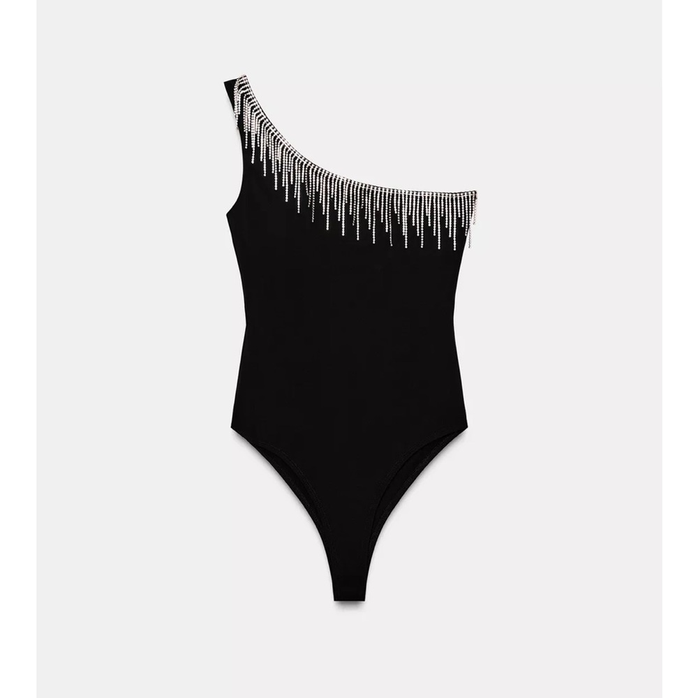 Asymmetric Fringe Bodysuit with sparkle Embellishments - Picture 7 of 11